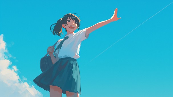 青空に手を伸ばす女子学生