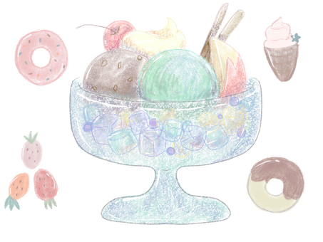 レトロなカフェのパフェ レトロなカフェのパフェ 食べ物,スイーツ,パフェ,アイス,レトロ,色鉛筆,手描き,ドーナツ,イチゴ,カフェのイラスト素材