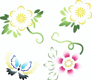 ai Japanese style wire and butterfly 4-piece set, and handle, gradation, ivy, JPG, PNG and AI