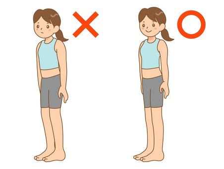 良い姿勢と悪い姿勢 姿勢,比較,女性,猫背,ストレートネック,スマホ首,巻き肩,矯正,歪み,骨盤のイラスト素材