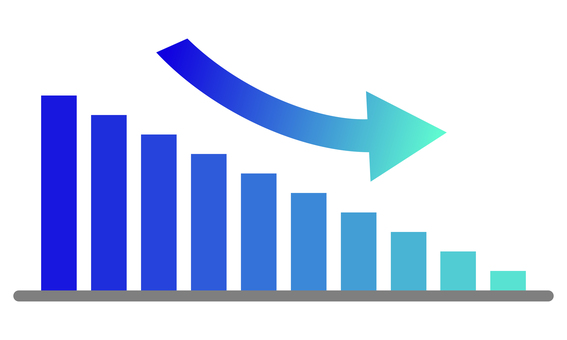 青いグラデーションの棒グラフ 棒グラフ,グラフ,矢印,売り上げ,業績,成績,プレゼンテーション,プレゼン,資料,下降中のイラスト素材