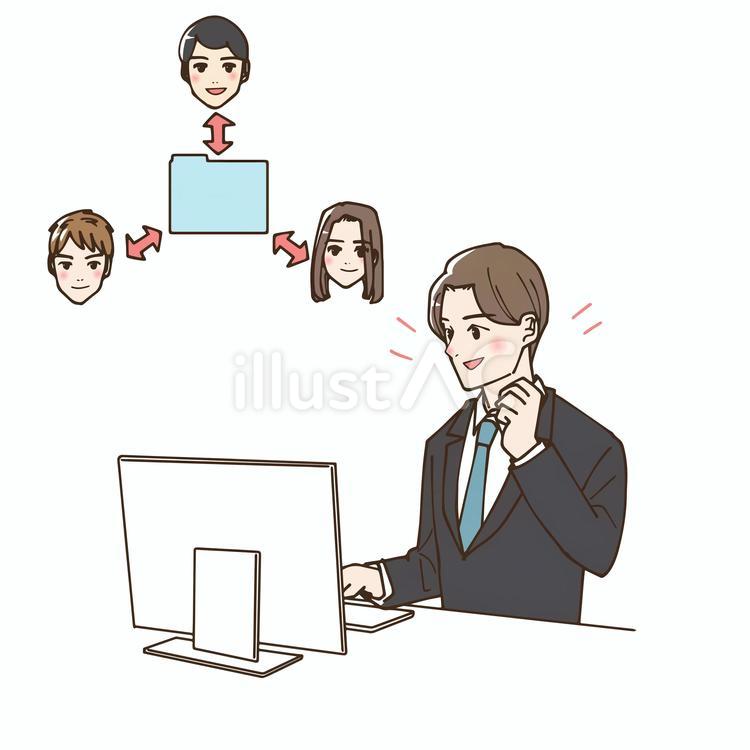 クラウドサービスを利用する男性会社員 クラウドサービス,共有,ファイルのイラスト素材
