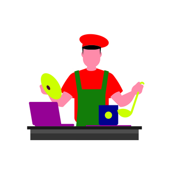 人物 013 男性,料理,コック,調理,皿,おたま,カウンター,食べ物,イラスト,ベクターのイラスト素材