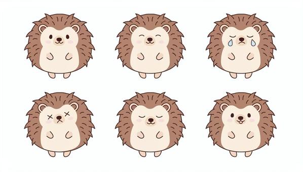 ハリネズミのイラストセット ハリネズミ,泣き顔,笑顔,動物イラスト,困った顔のイラスト素材