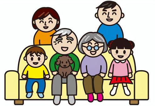 ソファに座る三世代家族 ソファに座る三世代家族 家族,親子,三世代,ソファ,夫婦,子供,老夫婦,孫,座る,集うのイラスト素材