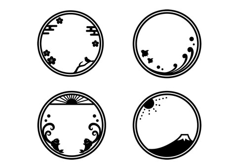 モノクロ・和風の円のフレーム 和風,円,メダル,勲章,和,フレーム,日本,模様,波,波紋のイラスト素材