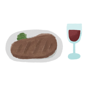 ステーキとワインの手描きカラーイラスト ステーキ,ワイン,食事,可愛い,手描き,カラー,挿絵,素材,食べ物,イラストのイラスト素材