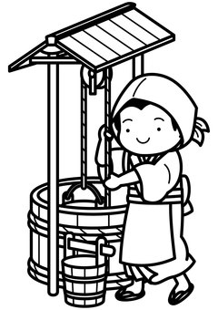 水汲み-1c 水汲み,井戸,桶,江戸,時代劇,昔,女性,姉さま被り,ほっかむり,着物のイラスト素材