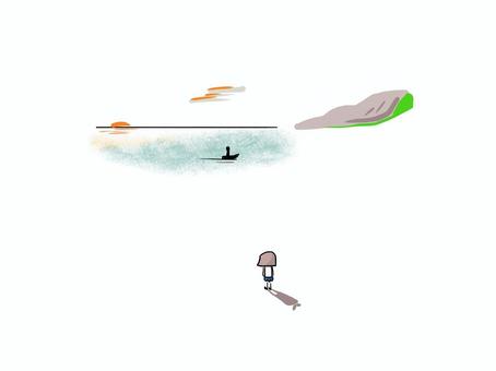 夕日と船と女の子　おかっぱ 夕日,船,海,女の子,夕焼け,たたずむのイラスト素材