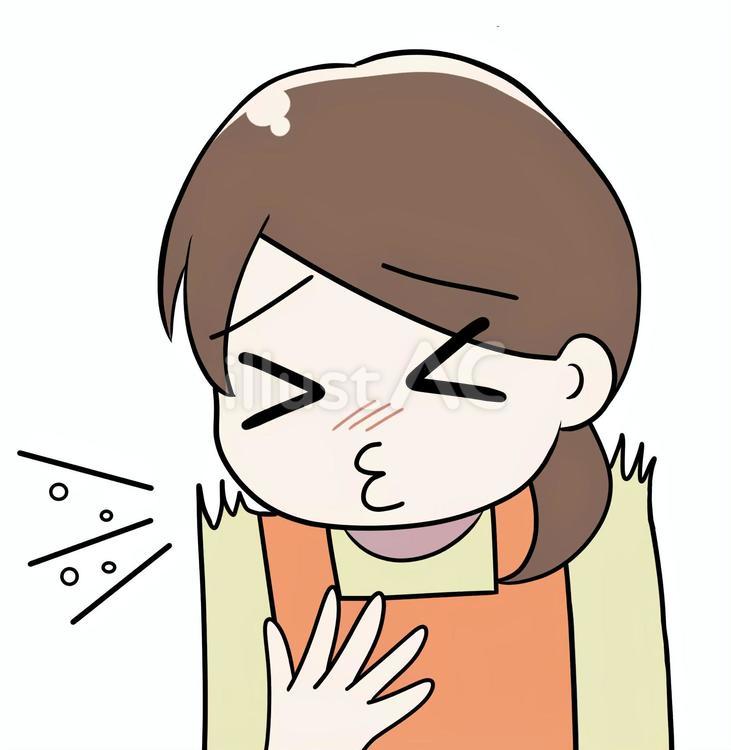 胸に手を当てくしゃみするエプロン姿の母 病気,体調不良,風邪のイラスト素材