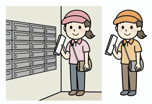 笑顔でポスティングをする女性 ポスティング,投函,配達,配布,女性,主婦,新聞,郵便,アパート,アルバイトのイラスト素材