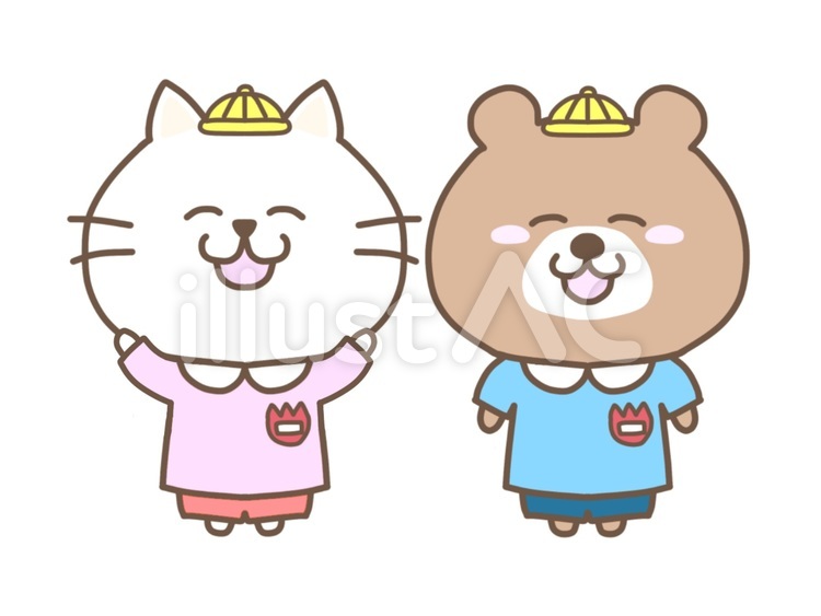 幼稚園児のねことくま 猫,白猫,熊のイラスト素材