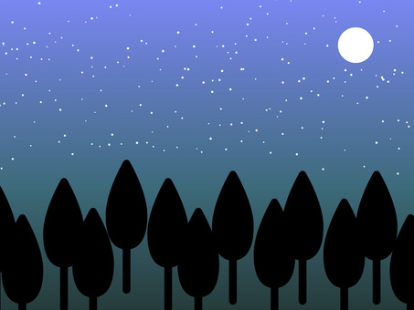 幻想的な満月と星空と森のシルエット背景 夜,星空,背景,風景,満月,シルエット,横,森,木,木立のイラスト素材