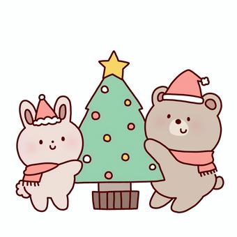 クリスマスツリーとうさくま クリスマス,ツリー,うさぎ,くま,動物,冬,サンタ,帽子,マフラー,線画のイラスト素材