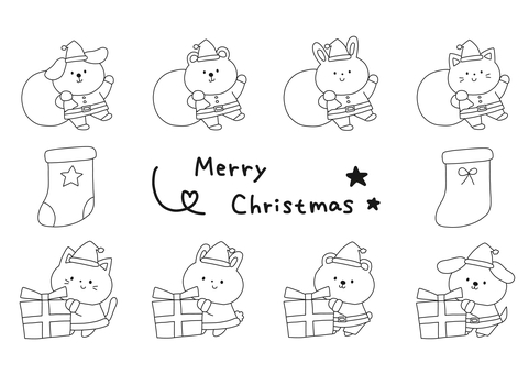クリスマスセット クリスマス,サンタクロース,犬,猫,くま,うさぎ,プレゼント,靴下,帽子,服のイラスト素材