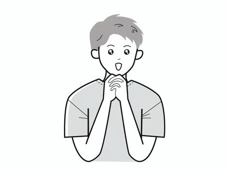 手を組んで目を潤ませる男性／白黒 上半身,半袖,両手,潤ませる,目,男性,社会人,パパ,お父さん,学生のイラスト素材