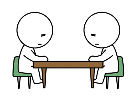 机を挟んで落ち込んでいる棒人間 落ち込む,棒人間,2人,テーブル,ガッカリ,しょんぼり,座る,椅子,かわいい,シンプルのイラスト素材