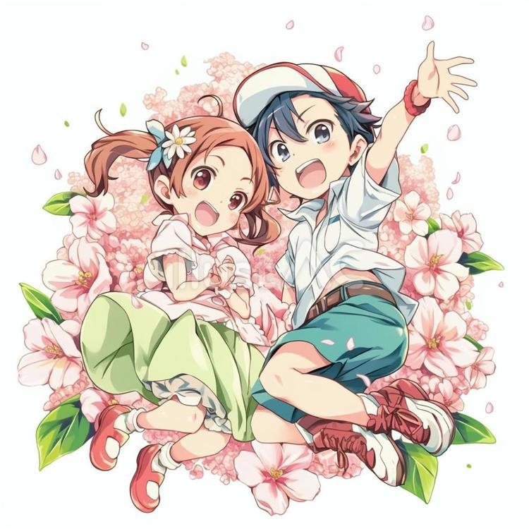桜と笑顔の子どもたち2 子ども,男の子,女の子のイラスト素材