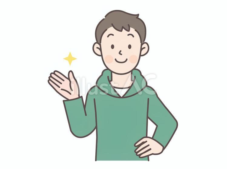 腰に手を当てて案内するパーカー男性 人物,男性,パーカーのイラスト素材