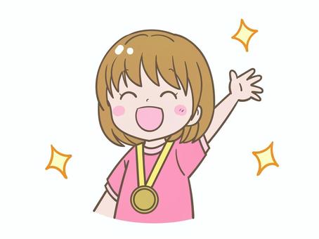 メダルをつける女の子 メダル,喜ぶ,一番,優勝,お祝い,金,小学生,子ども,女の子,児童のイラスト素材