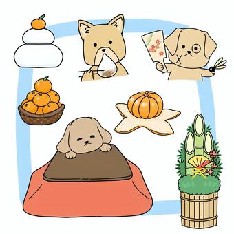 正月の犬まとめ 犬,ペット,動物,生き物,正月,冬,冬休み,鏡餅,門松,羽子板のイラスト素材