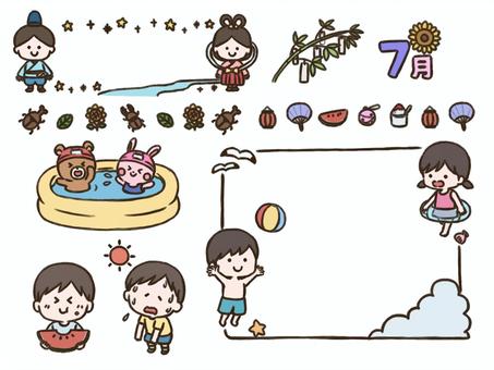 ７月のおたよりに使えるセット(太線版) フレーム,飾り線,タイトル,見出し,夏,織姫,彦星,七夕,笹,短冊のイラスト素材
