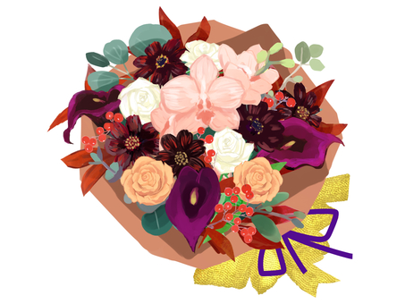 秋色 花束 秋色 花束 花束,ユーカリ,マイクロ胡蝶蘭,カラー,バラ,チョコレートコスモス,ナンテン,包装紙,ラッピング,リボンのイラスト素材