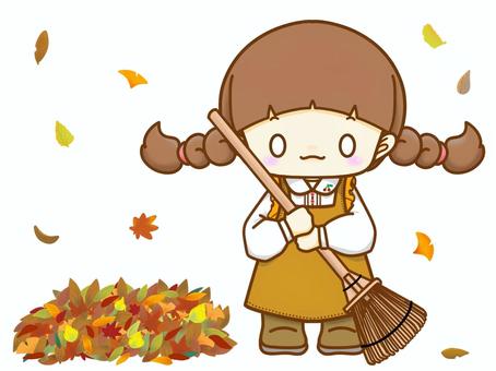 秋の掃除 女の子,掃除,外,落ち葉,熊手,紅葉,枯葉,エンドレス,可愛い,イラストのイラスト素材