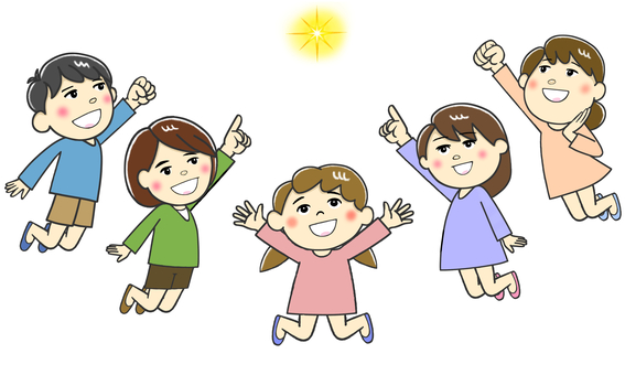 星に向かってジャンプする子供達 星,光,一等星,一番星,子供,小学生,男子,女子,希望,願いのイラスト素材