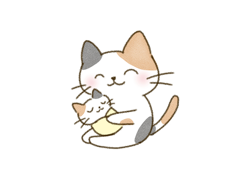 赤ちゃん猫を抱く三毛猫 ねこ,三毛猫,親子,育児,子育て,世話,仲良し,抱く,笑顔,幸せのイラスト素材