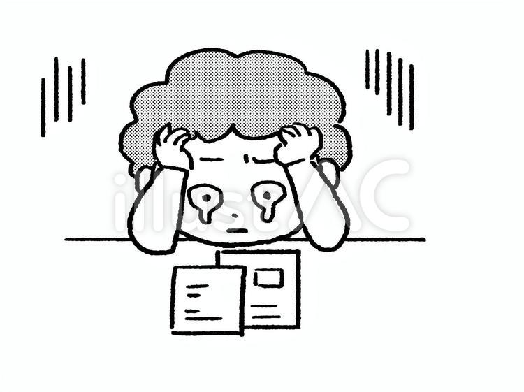 頭を抱えるパーマの男性　白黒 男性,涙,悲しいのイラスト素材