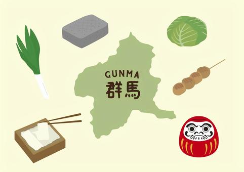 群馬イラストセット 群馬,焼きまんじゅう,こんにゃく,ひもかわうどん,ダルマ,キャベツ,下仁田ネギ,地図,ご当地,観光地のイラスト素材