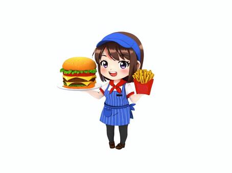 ハンバーガートとフライドポテトを持つ店員 ハンバーガー,フライドポテト,ファーストフード,店員,帽子,エプロン,女性のイラスト素材