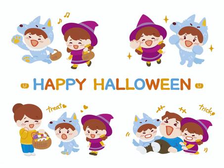 ハロウィン素材セット（塗り） ハロウィン,子ども,男の子,女の子,お菓子,キャンディ,ロリポップ,かご,仮装,魔女のイラスト素材