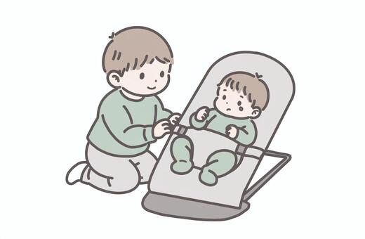 赤ちゃんをあやす男の子（泣き顔） きょうだい,男の子,子ども,赤ちゃん,乳児,幼児,バウンサー,面倒を見る,子育て,親子関係のイラスト素材