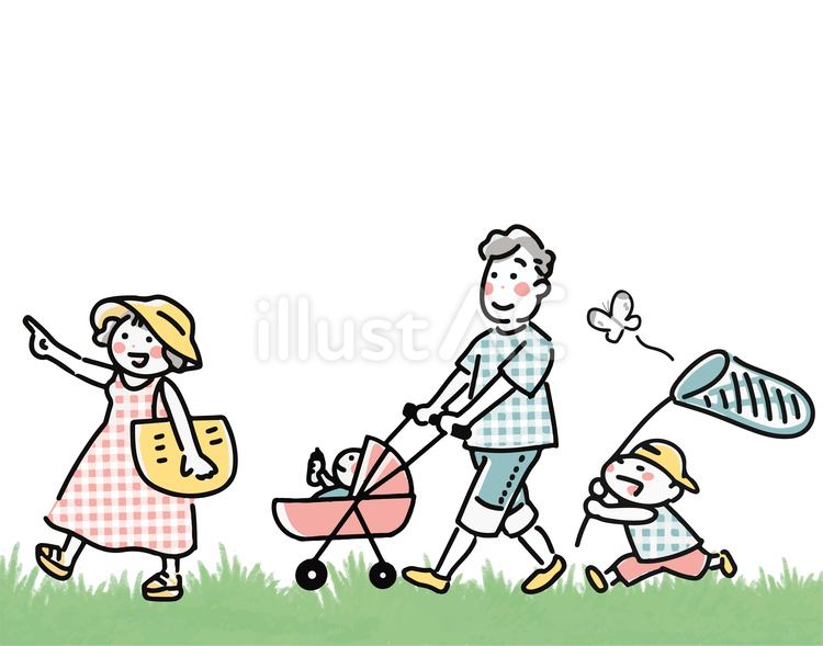 初夏　散歩する若い家族 父,母,パパのイラスト素材