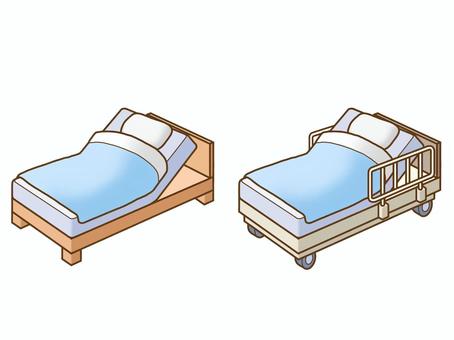 ベッド／介護ベッド：ベッドアップ、布団有 ベッド,リクライニングベッド,介護ベッド,寝具,家具,木材,木製,金属,柵,キャスターのイラスト素材