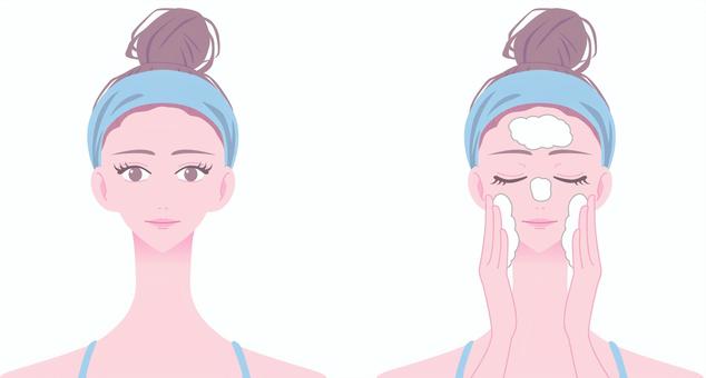 ヘアバンドをして洗顔をする女性のイラスト 美容,女性,スキンケア,ビューティー,肌,若い,顔,人物,美肌,笑顔のイラスト素材