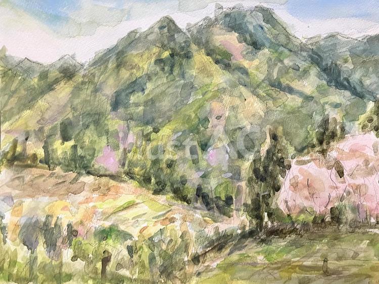 春が訪れた山の風景画 水彩画,風景,スケッチのイラスト素材