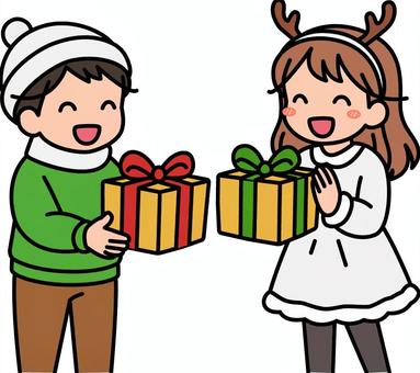 プレゼントを貰う白の子供たちです。 プレゼント,シンプル,ギフト,喜ぶ,受け取り,サプライズ,笑顔,贈り物,手渡し,お祝いのイラスト素材