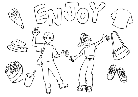 ENJOY2人組_線画のみ 線画,人物,クレープ,パンケーキ,ポップコーン,スニーカー,バッグ,tシャツ,ファッション,ベクターのイラスト素材