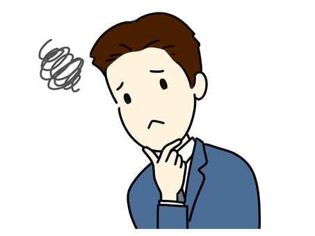あごに手を当てて悩む人(男性) 悩む,悩んでいる,考える,への字口,男性,若い,サラリーマン,社会人,スーツ,会社員のイラスト素材