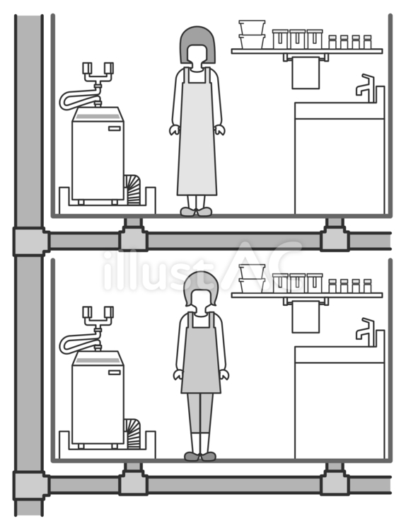 マンションの水回り上下階-排水管付き1 マンション,排水管,上階のイラスト素材