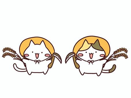 田んぼで稲刈りするかわいい子供の猫2匹 猫,稲刈り,かわいい,子供,田んぼ,秋,刈る,農作業,収穫,作業のイラスト素材