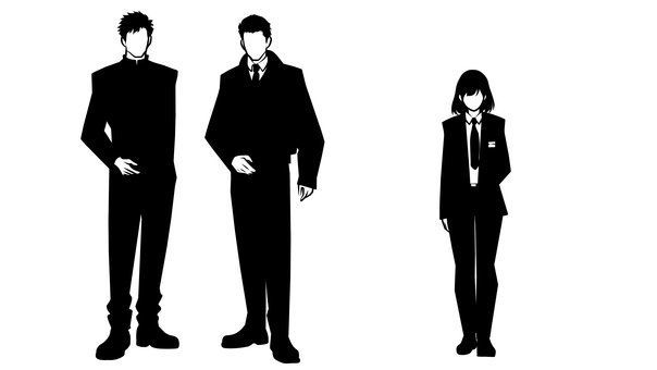 人物シルエット挿絵集_3 キャラ,キャラクター,一人,立ち絵,二人組,シルエット,モノクロ,男性,女性,スーツのイラスト素材