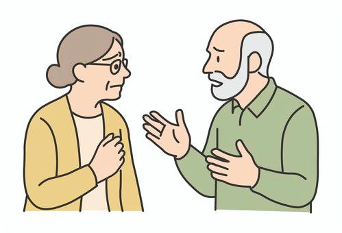 真剣に話し合う高齢の男女（シニア・介護） 老人,夫婦,男女,会話,介護,認知症,医療,健康,終活,家族のイラスト素材