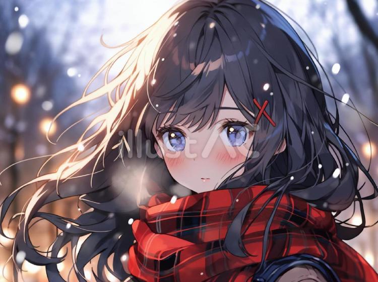 赤いマフラーを巻いた黒髪の女の子イラスト - No: 25264713｜無料 