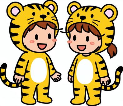 黄色の虎コスの子供たちです。 虎,コスプレ,シンプル,着ぐるみ,コスチューム,イベント,パーティー,耳,しっぽ,動物のイラスト素材