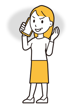  ロングヘア女性(黄)-387-全身 スマホ,悪人,女性,女の子,人物,かわいい,表情,感情,悪い,悪事のイラスト素材