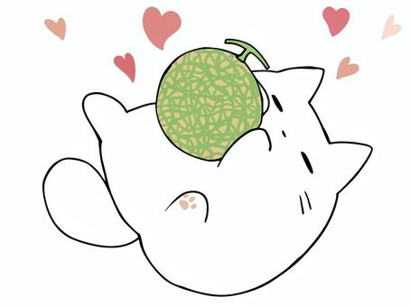 メロい ねこ ねこ,白猫,メロい,メロメロ,メロン,ハート,果物,肉球,主線あり,食べ物のイラスト素材